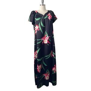 80's VTG Hilo Hattie Hawaiian Women's Maxi Dress Size M Black Floral